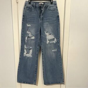 Vibrant M.I.U Women's Distressed Wide-Leg Jeans Blue Denim Button Zip 5-Pocket